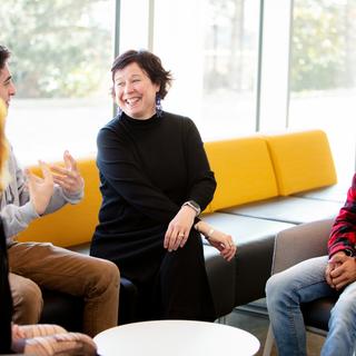 President Saucier interacts with VIU students in the Centre for Health and Science