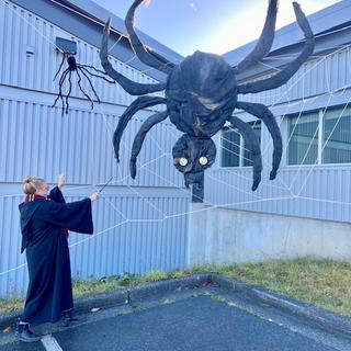 A woman in a Harry Potter costume pretending to cast a spell on a large spider