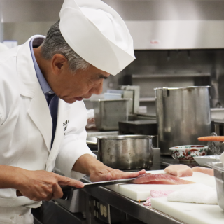 Visiting from Kyoto, Japan, Motoi Kurisu, Executive Chef at Arashiyama Kumahiko and President of Kumahiko Co. Ltd. gave a demonstration to VIU Culinary students this week to help celebrate the launch of the new certification.  Photo: Vancouver Island Univ