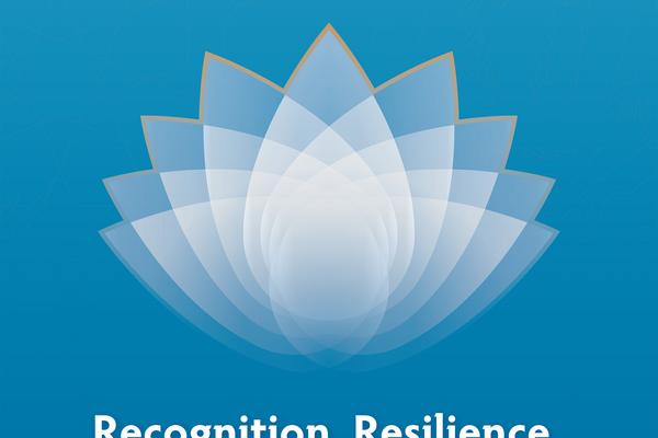 A white lotus flower with gold trim is on a blue background over the words Recognition, Resilience and Resolve