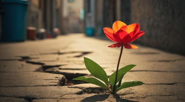 a flower grows out of concrete