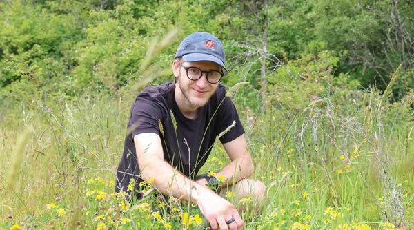 Bryan Lamprecht kneels in front of a patch of Hosackia pinnata flowers nestled in a field of grass.