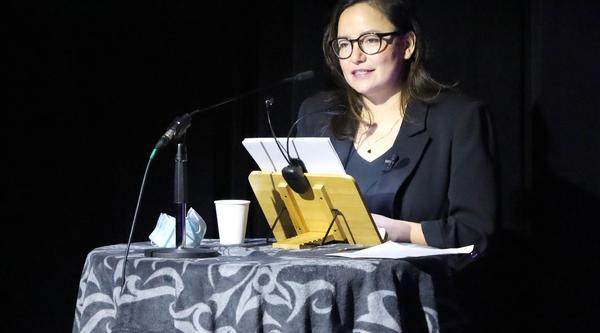 Indigenous Speakers Series keynote Connie Walker speaks at a podium in the Malaspina Theatre