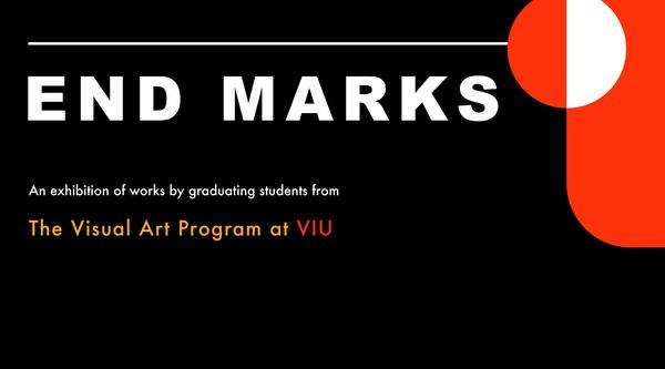 A yellow, orange and red line descend from the top right corner over a black background on exhibit poster for End Marks