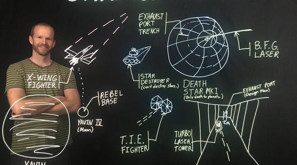 VIU Engineering Technician David Moss has used the light board to illustrate some cool Star Wars facts such as where the exhaust port is located on the Death Star.