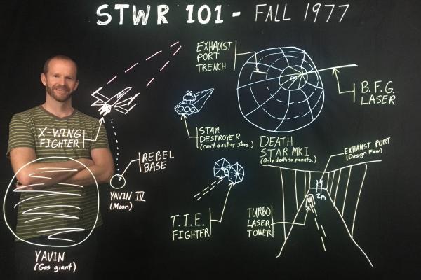 VIU Engineering Technician David Moss has used the light board to illustrate some cool Star Wars facts such as where the exhaust port is located on the Death Star.