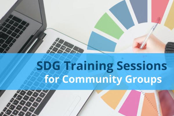 Graphic of laptop and colour wheel with the text, SDG Training Sessions for Community Groups.