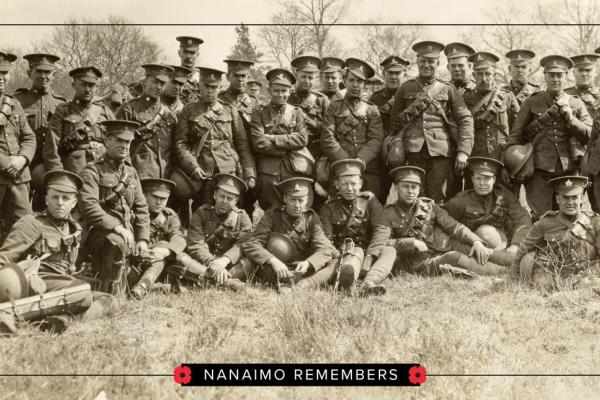 Group photo of WW1 soldiers with text that reads Nanaimo Remembers