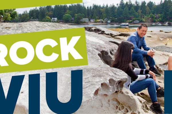 Rock VIU logo with students on a beach in background