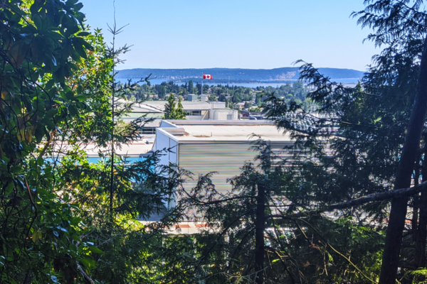 View of VIU campus looking towards Gabriola Island on sunny day