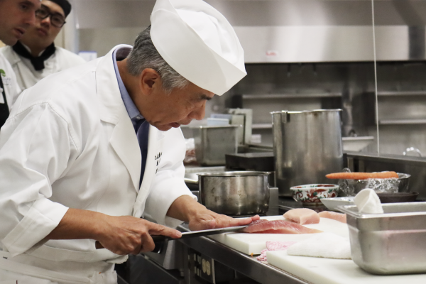 Visiting from Kyoto, Japan, Motoi Kurisu, Executive Chef at Arashiyama Kumahiko and President of Kumahiko Co. Ltd. gave a demonstration to VIU Culinary students this week to help celebrate the launch of the new certification.  Photo: Vancouver Island Univ