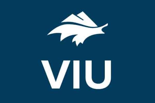 White lettering reading VIU on a dark blue background.