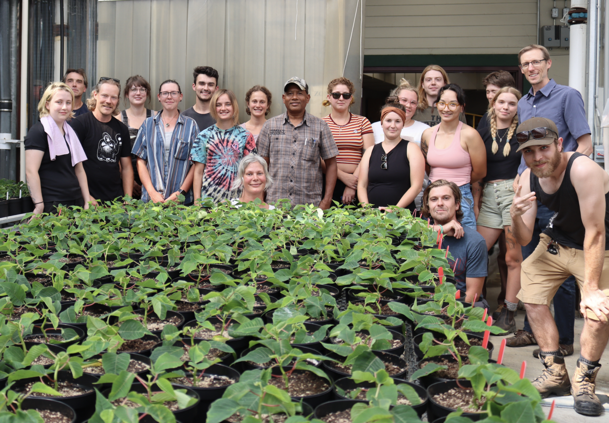 VIU Horticulture students in front of plants inside greenhouse