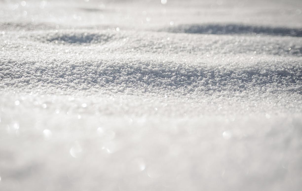 A closeup of snow with the sun shining on it.