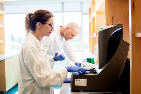 Two people look at samples together